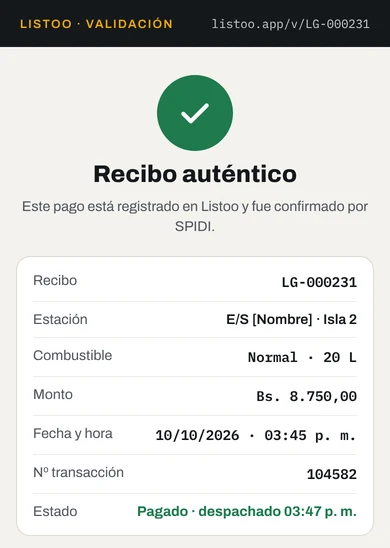 Pantalla de validación de Listoo: recibo auténtico LG-000231 con estación, combustible, monto, fecha y hora, número de transacción y estado pagado y despachado.